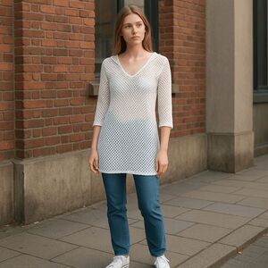 Alexa & Stella Crochet Knit Coverup White Hoodie Pullover Mini Beachy Trendy‎